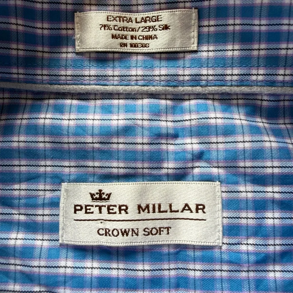 Peter Millar Crown Soft Mens XL Blue Plaid‎ Cotton Silk Button Down Shirt